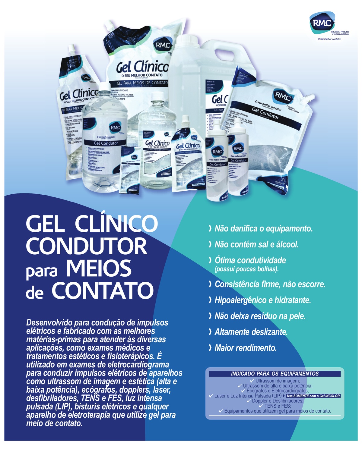 Gel Clínico Condutor RMC para meios de contato: indicações por equipamento